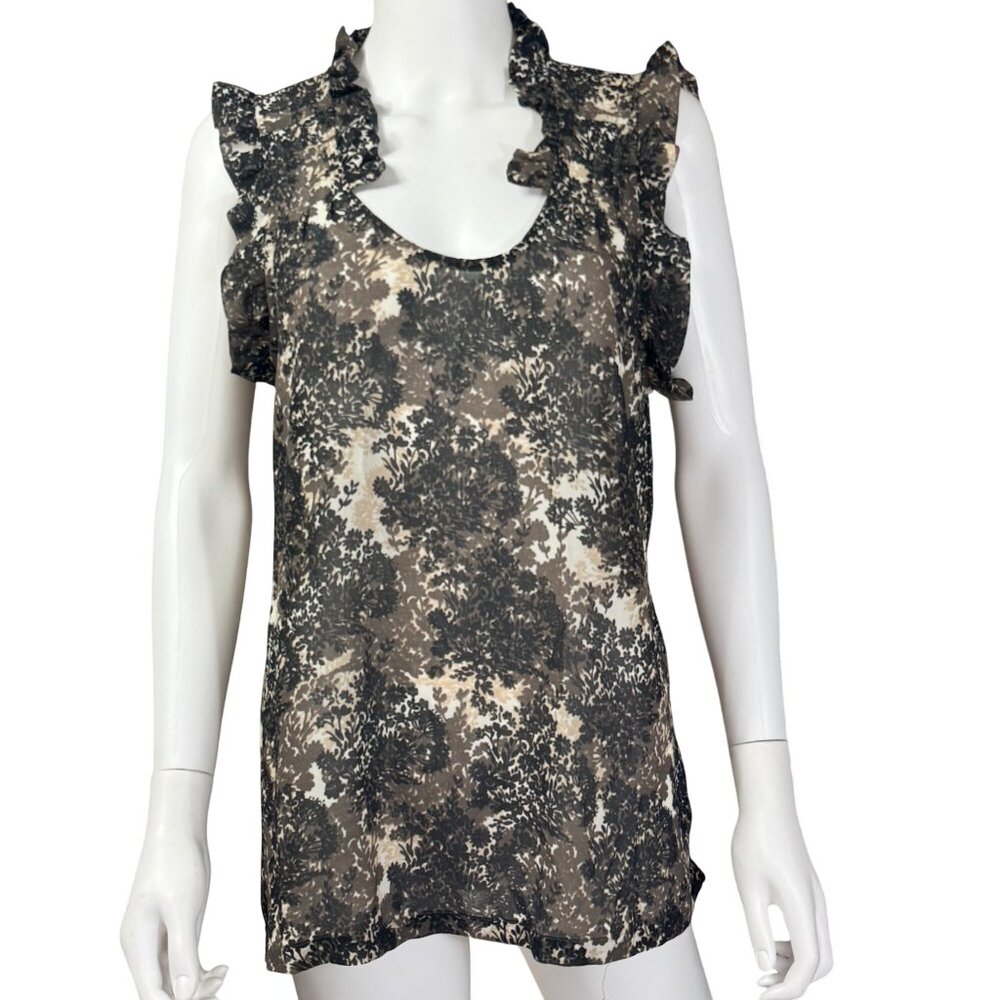 Converse One Star Blouse Womens L Black Beige Floral Ruffle Sleeveless